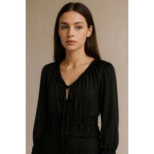 Genny‎ Shirt Women 8 Black Silk Open Back Ruffle Elegant Made in Italy Feminine